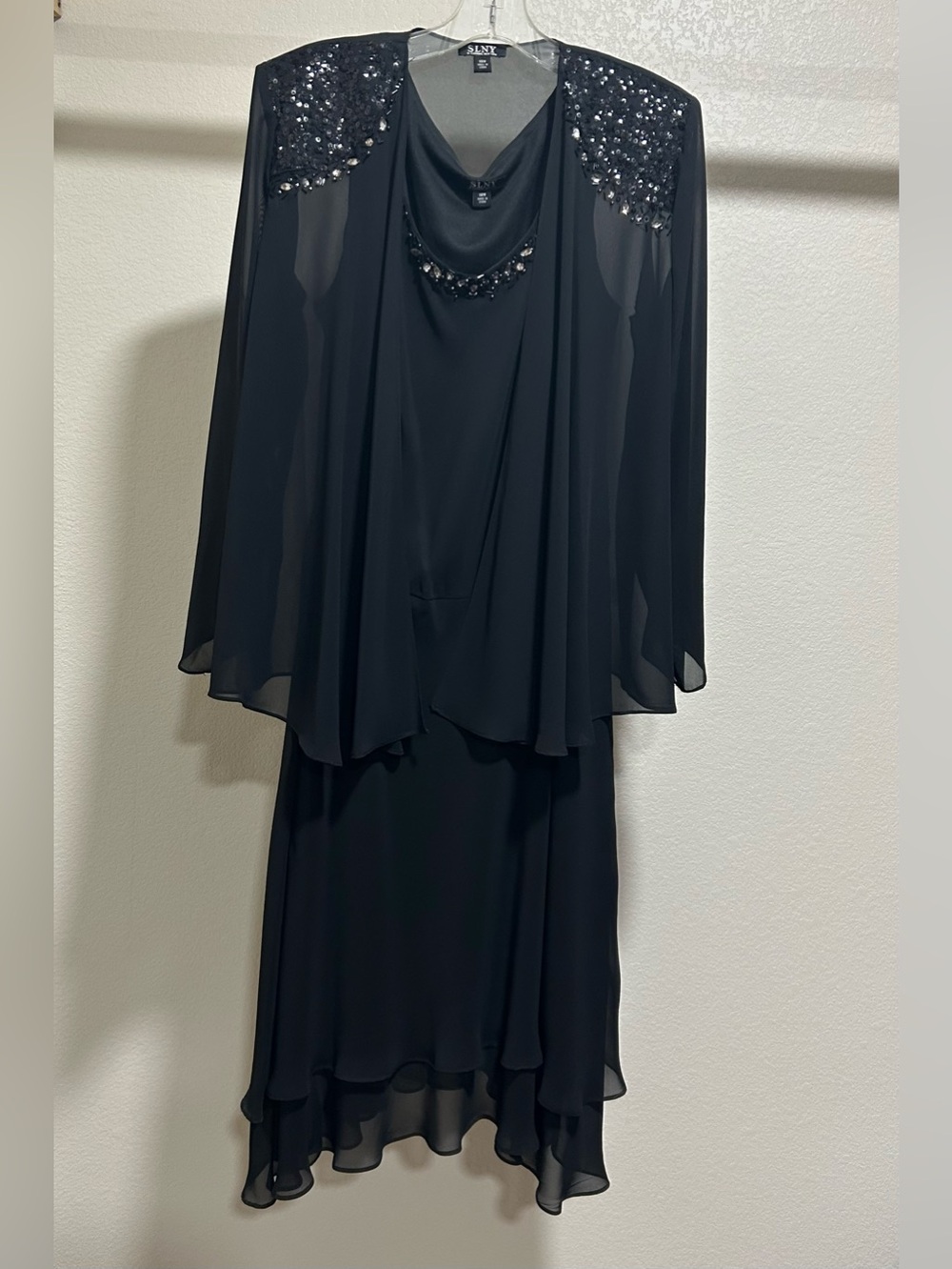 SLNY Black Long Sleeve Evening Gown with Beaded Accents
